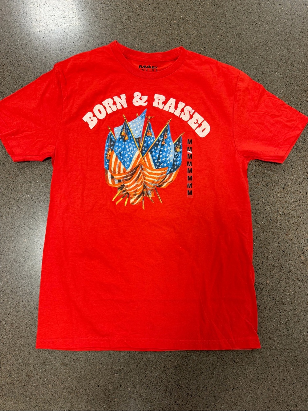 MAD Engine Red "Born & Raised" Graphic Tee with Flag Motif